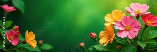 Vibrant pink & yellow blooms, lush green backdrop, copy space, delicate