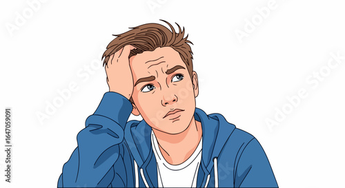 Flat illustration of young man with hand on head looking up thoughtfully, confused expression isolated on white background