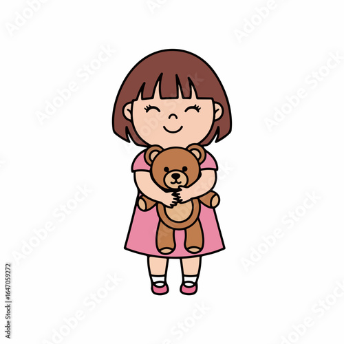 Flat illustration of cute little girl hugging a teddy bear isolated on white background