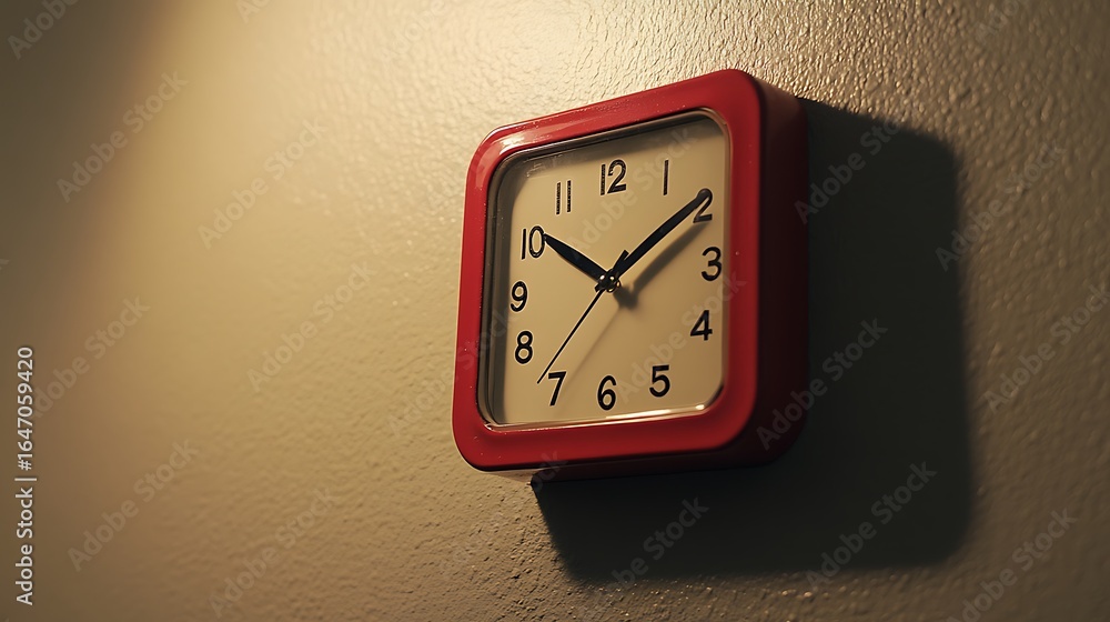 Red wall clock showing time with shadow effect on surface Red wall clock showing time with shadow effect on surface