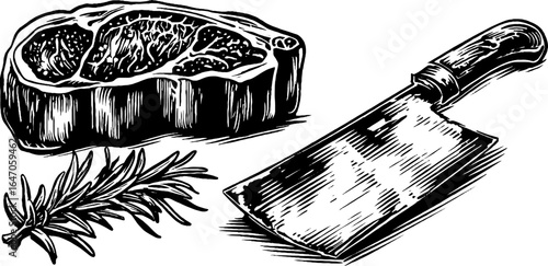 Vintage engraved illustration set of beef steak cut with cleaver and rosemary for culinary design