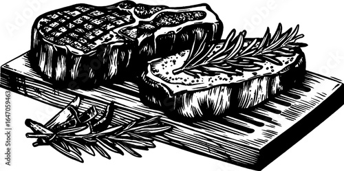 Engraved illustration of beef cuts on grill with herbs – ideal for culinary design projects