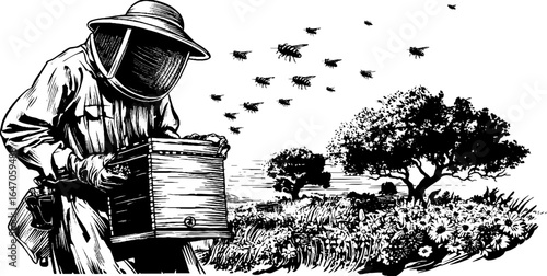 Beekeeper inspecting hive in garden landscape with bees and trees
