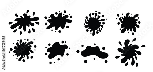 A collection of splash and water drop silhouettes in a simple doodle style, featuring various liquid shapes and unique silhouette variations.