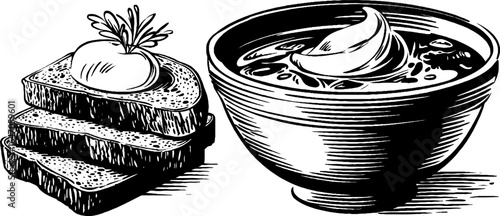 Engraved illustration set depicting borsch bowl and sour cream with bread - retro culinary design