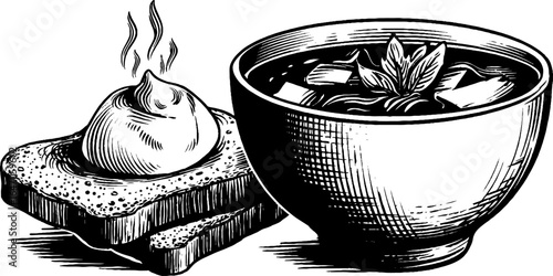 Vintage engraved illustration of borsch bowl and sour cream bread for retro culinary design