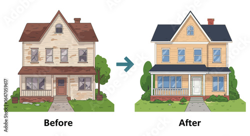 Home Renovation Transformation Before and After Illustration of a House Remodel