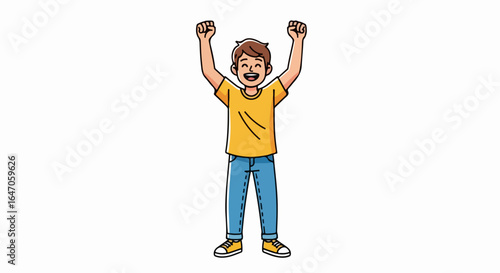 Flat illustration of happy boy celebrating victory with raised arms and clenched fists, isolated on white background