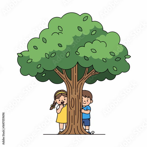 Flat illustration of two children, a boy and a girl, playing hide and seek behind a large tree, isolated on white background