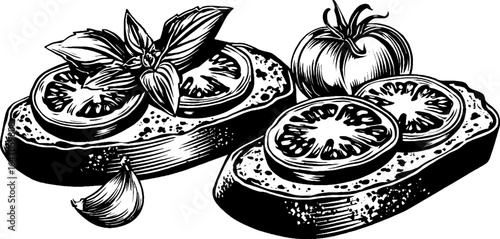 Vintage engraved illustration of bruschetta with tomato and garlic elements for retro culinary design