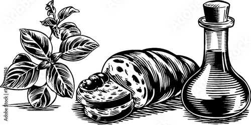 Engraved illustration set of bruschetta bread. Vintage hand drawn sketch with fine engraving detail.