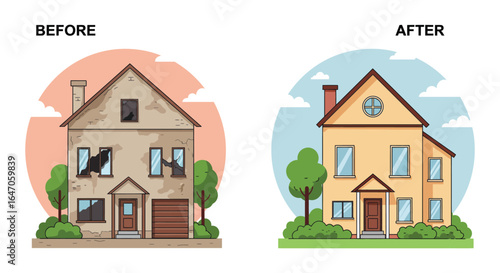 Home Renovation Transformation Before and After Illustration of House Upgrade
