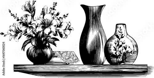 Vintage engraving of ceramic vases and flowers for retro decor and design