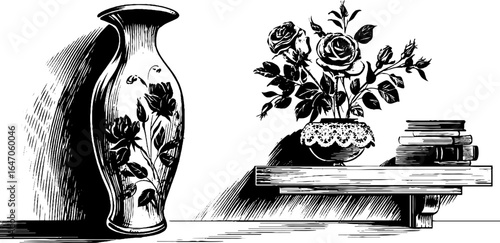 Vintage engraved illustration of ceramic vase and floral arrangement for retro decor design