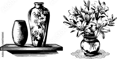 Vintage ceramic vases and floral arrangement engraving for retro design