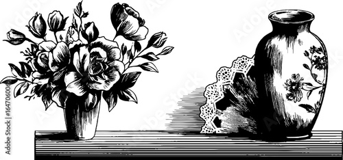 Vintage engraved illustration set of ceramic vase with flowers - retro hand drawn design for print and poster