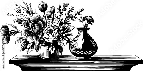 Engraved illustration of ceramic vases with floral arrangements for retro design