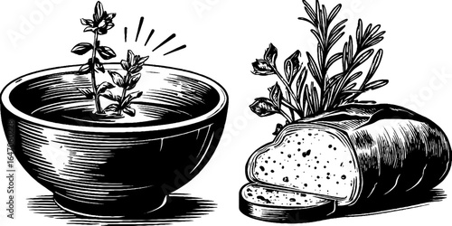 Vintage engraved illustration of cottage cheese bowl and bread with herbs for culinary art design