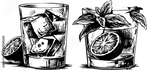 Engraved illustration set of crystal glasses with ice and lemon slices - retro beverage art