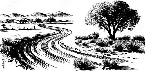 Engraved landscape illustration of dusty wind over dirt road with trees and mountains