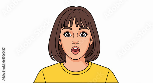 Flat illustration of a woman with wide eyes and an open mouth showing surprise, isolated on white background
