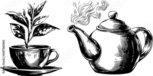 Vintage engraved illustration of earthen teapot and steaming cup for tea-themed design