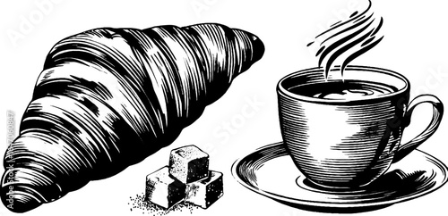 Vintage hand drawn croissant and coffee cup engraving for cafe and bakery design