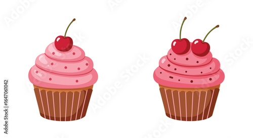 Two delicious pink frosted cupcakes with cherries isolated on white background