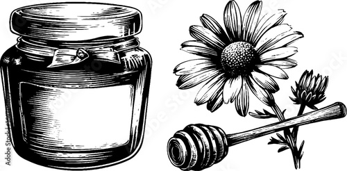 Engraved illustration set featuring glass jar with honey and wildflower design for vintage labels