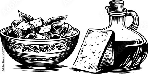Vintage engraved illustration of greek salad bowl with cheese and olive oil bottle