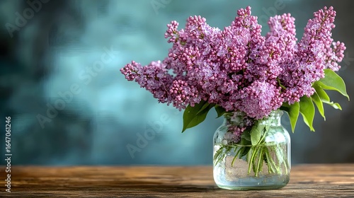Wallpaper Mural Beautiful lilac flowers arranged in a glass jar on a wooden table against a soft blue background Torontodigital.ca