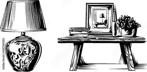 Vintage hand drawn illustration set of hallway table and lamp design for home decor