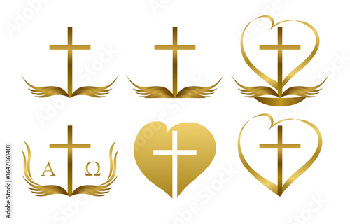 Golden crosses, hearts and books. Religious symbols of faith and hope. Set of creative Christian icons. T shirt design. Isolated graphic elements. Sunday school or college logo concept.