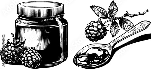 Vintage raspberry jam jar sketch with berries and spoon - retro design for label or poster