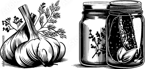 Vintage hand drawn set of garlic and pickles in jars for retro label design