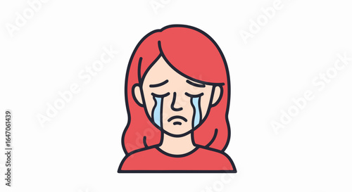 Flat illustration of sad young woman crying with tears isolated on white background
