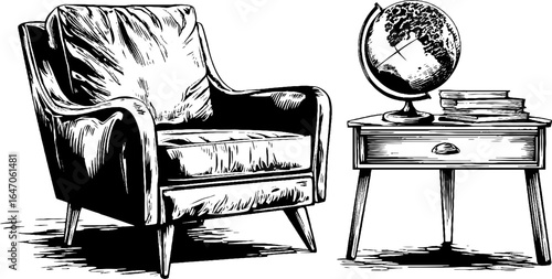Vintage engraving of leather armchair and globe on table for retro interior design
