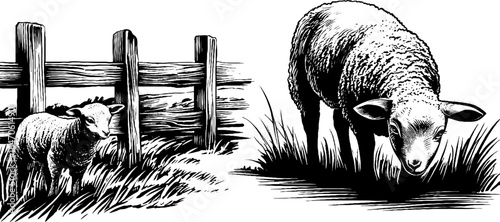 Engraved illustration of lambs grazing in pastoral scene for rustic decor
