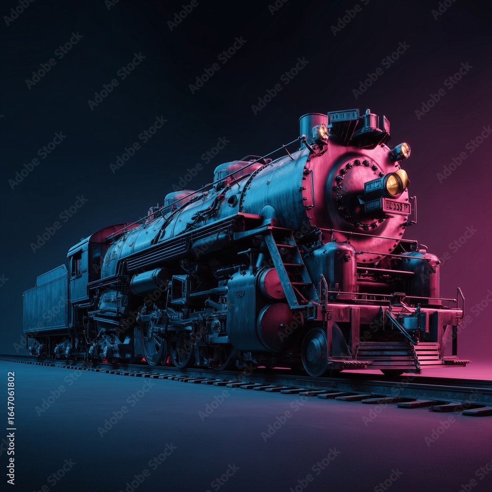 Naklejka premium Steam Train at Twilight: A majestic steam train, bathed in dramatic blue and magenta light, stands poised on the tracks, its powerful silhouette a testament to an era of grand transportation.
