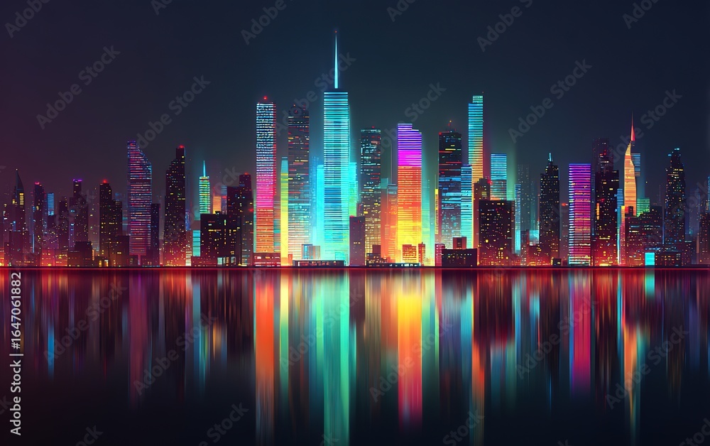 Fototapeta premium A futuristic city skyline at night, illuminated by neon lights and skyscrapers