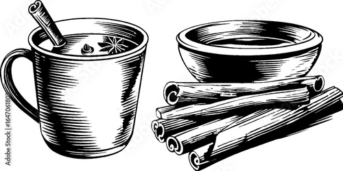 Engraved illustration set of masala chai cup with cinnamon sticks for tea lover’s design