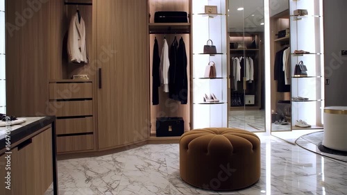 Walk-In Closet Interior with Clothes and Marble Flooring