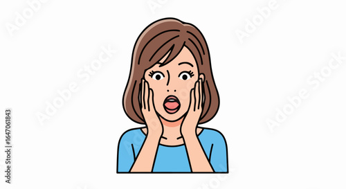 Flat illustration of a woman with a shocked and surprised expression, hands on her face, isolated on white background