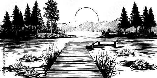 Serene nature scene with misty lake and wooden pier - hand drawn engraving for vintage art design