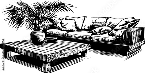 Vintage hand-drawn engraving of modular sofa with table and plant - perfect for interior design concepts