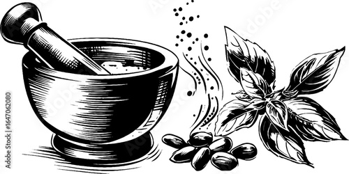 Vintage engraved mortar with pesto ingredients and herb illustration for culinary design