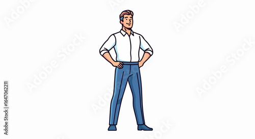 Flat illustration of a confident man in a white shirt and blue pants standing with hands on hips, isolated on white background