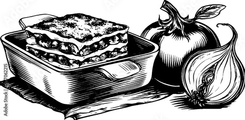 Hand drawn vintage engraved illustration of moussaka slice with ingredients for retro culinary design