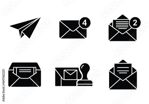 Email and communication icons including paper airplane and envelopes isolated on white background