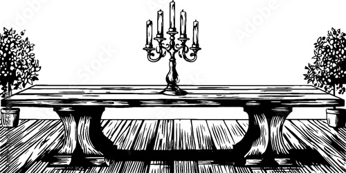 Vintage engraved illustration of oak banquet table with candle holder for classic interior design